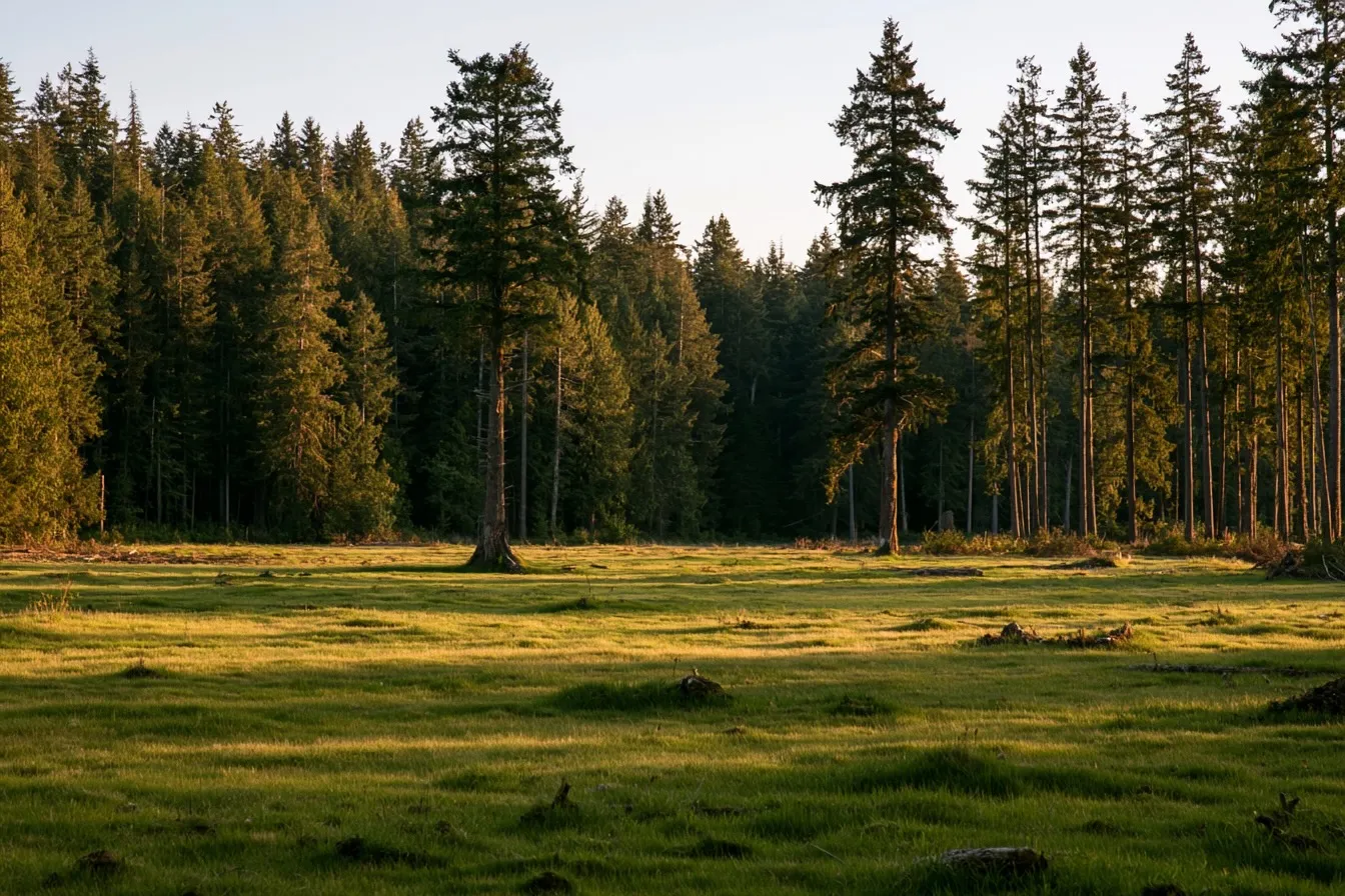 A freshly cleared and opened-up acreage at the edge of a Vancouver Island forest